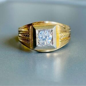 10k Solid Yellow & White Gold White Topaz Men’s Signet Ring SIZE 10.5